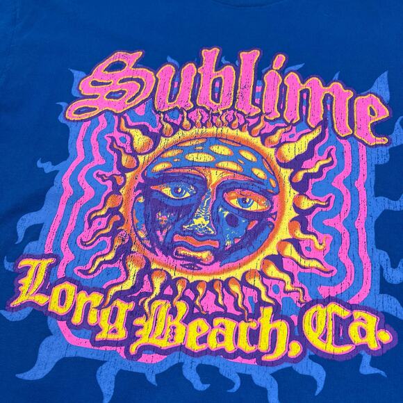 Sublime Mens Long Beach CA Blue Neon Sun Face Graphic Retro Rock Band T-Shirt - Picture 2 of 8